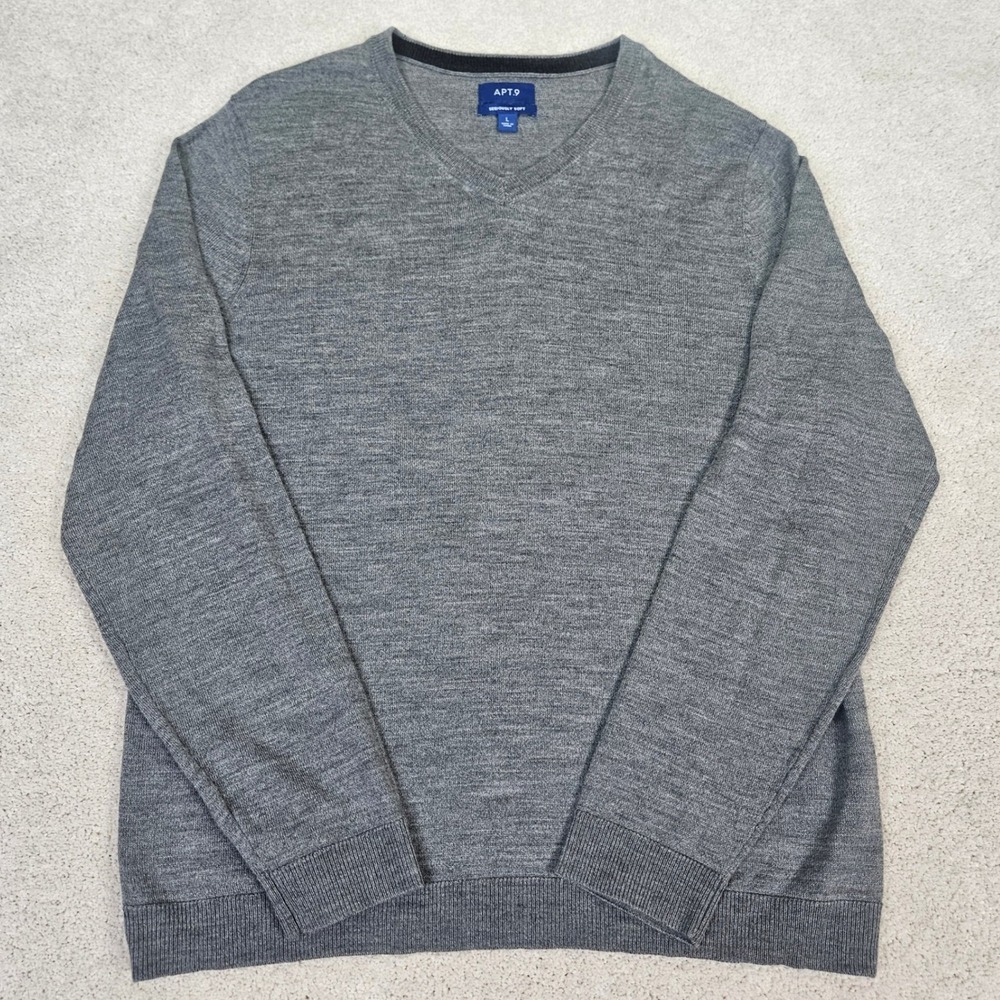 APT 9 Mens Seriously Soft V Neck Long Sleeve Sweater Gray L Merino Wool Preppy